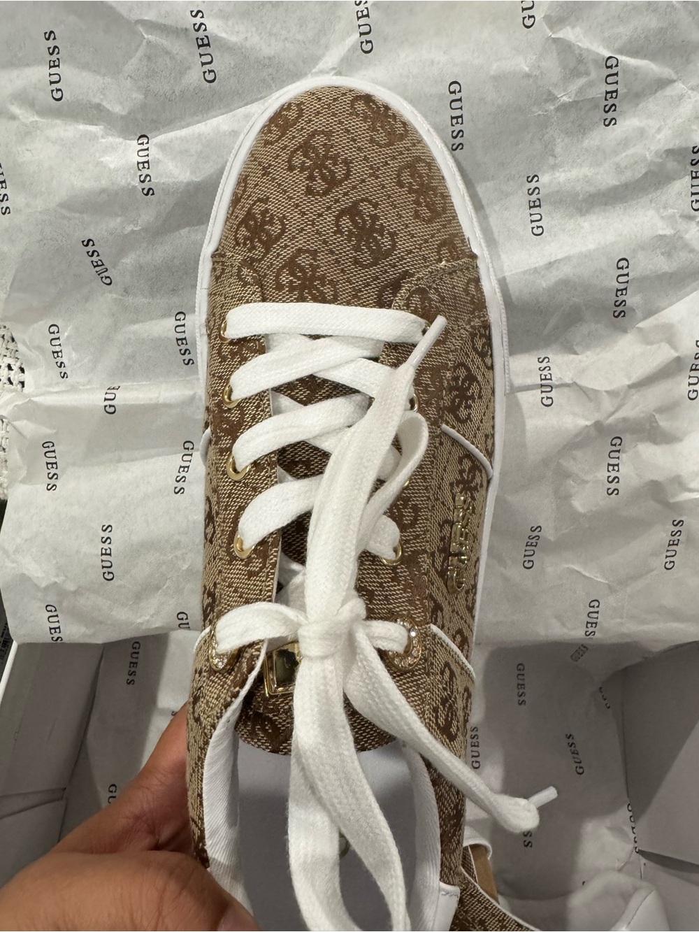 GUESS Brown Monogram Canvas Lace-Up Sneaker with White Trim